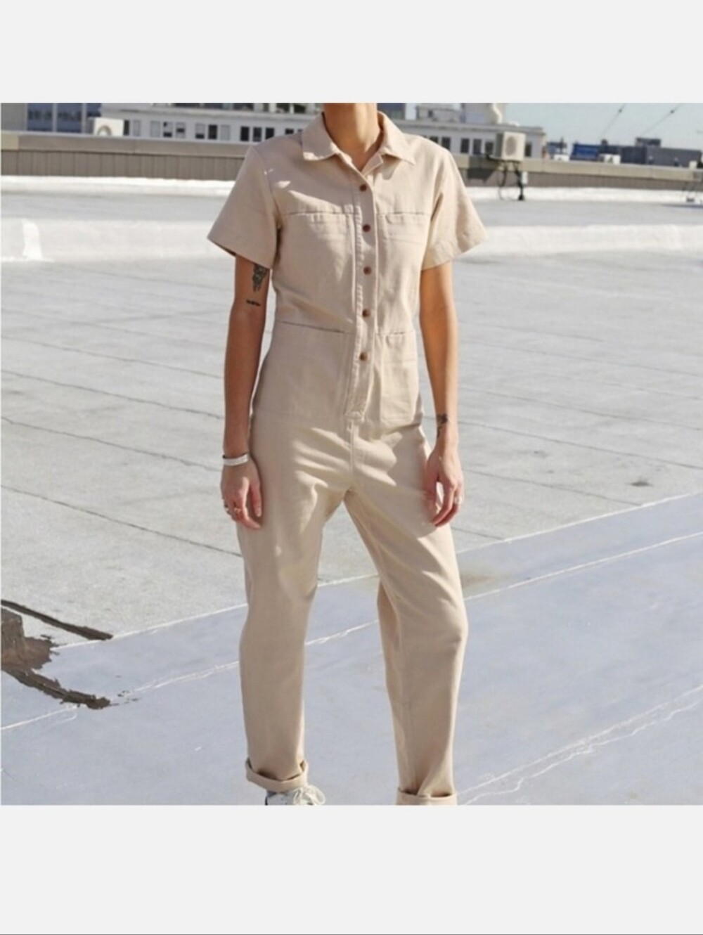 Ilana Kohn Beige Short Sleeve Button Front Jumpsuit Overall Cotton Utility Sz 4
